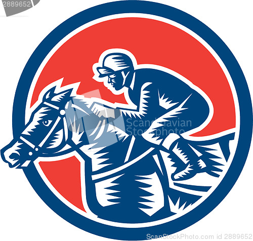 Image of Jockey Horse Racing Circle Woodcut Retro