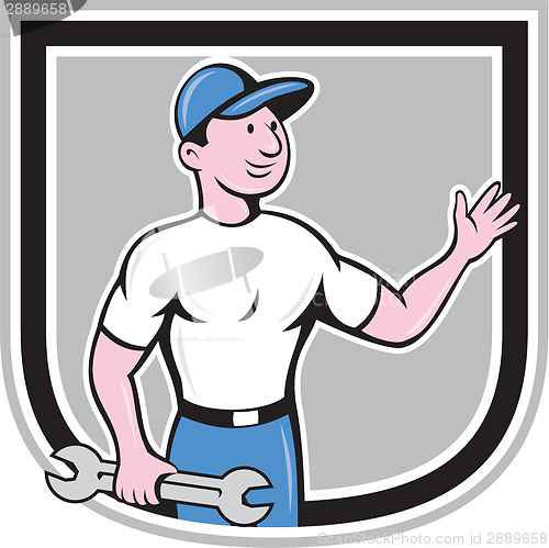 Image of Mechanic Hold Spanner Waving Hand Cartoon