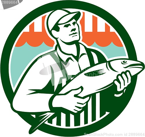 Image of Fishmonger Holding Fish Circle Retro