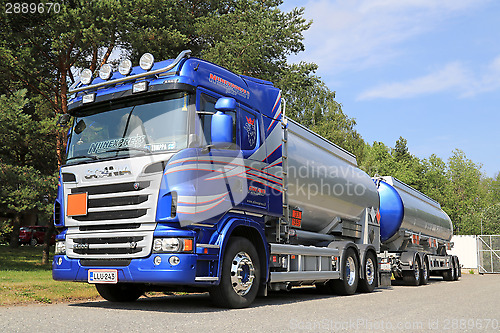 Image of Blue Scania Tanker Truck for Transporting Chemicals