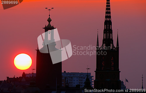 Image of 	Stockholm cityscape at sunset