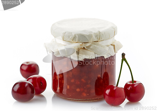 Image of jar of fruit jam with cherries