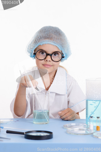 Image of Chemist pours reagent liquid in the flask