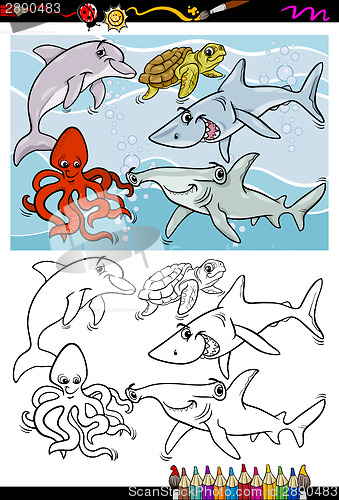 Image of sea life animals cartoon coloring book