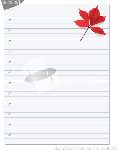 Image of Notebook paper with red autumn virginia creeper leaf in corner