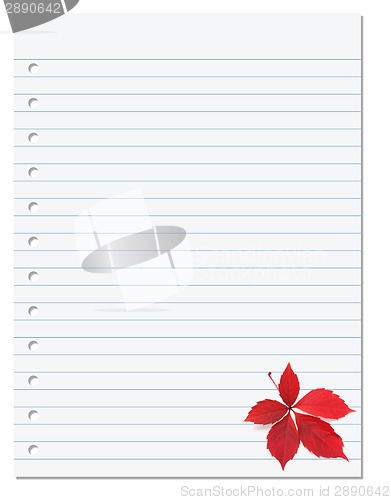 Image of Notebook paper with red autumn virginia creeper leaf in corner