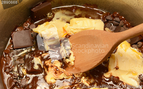 Image of Melting butter and chocolate together in a pan