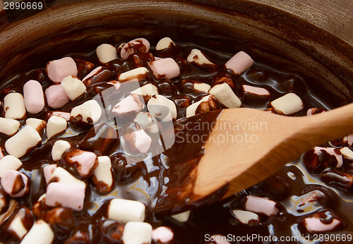 Image of Mixing mini marshmallows into dark chocolate