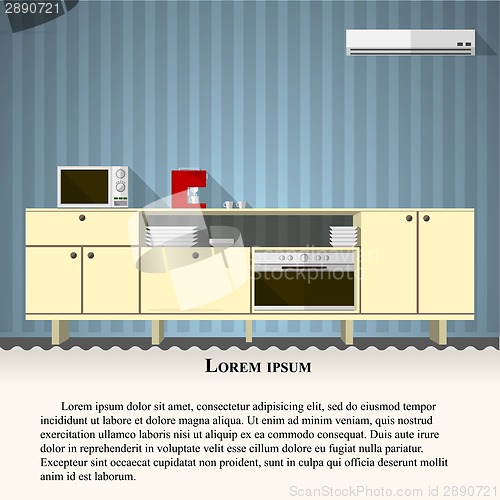 Image of Flat vector illustration of kitchen with blue wall