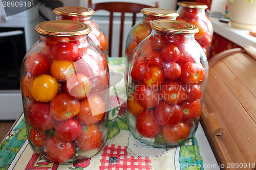 Image of tomatos in jars prepared for preservation