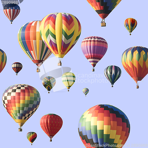 Image of A group of colorful hot-air balloons floating across a blue sky