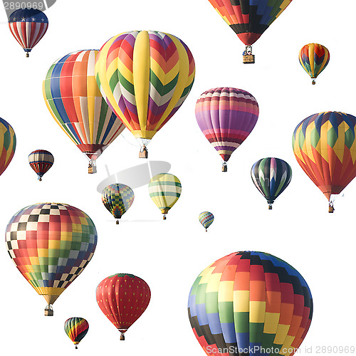 Image of Colorful hot-air balloons floating against white