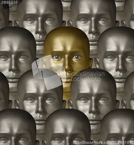 Image of Metallic gold robot android with human eyes