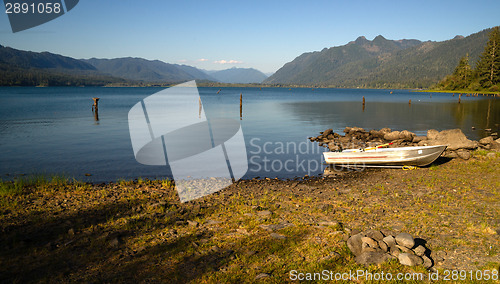 Image of Row Boat Shoreline Lake Quinault Olympic National Forest