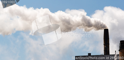 Image of Paper Mill Smokestack White Smoke Blue Sky 