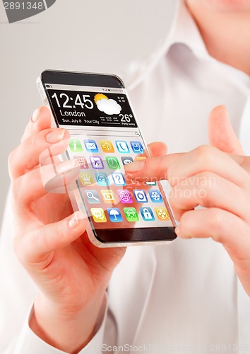 Image of Smartphone with transparent screen in human hands.