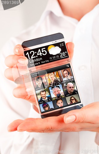 Image of Smartphone with transparent screen in human hands.