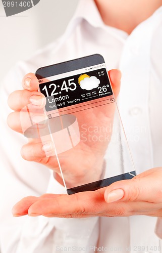 Image of Smartphone with transparent screen in human hands.