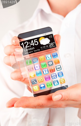 Image of Smartphone with transparent screen in human hands.