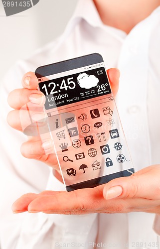 Image of Smartphone with transparent screen in human hands.