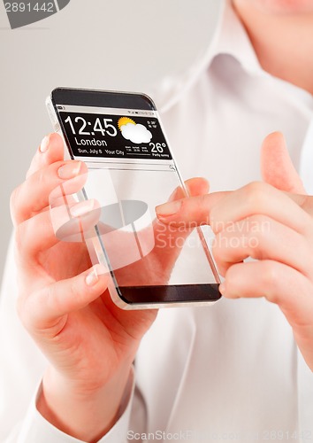 Image of Smartphone with transparent screen in human hands.