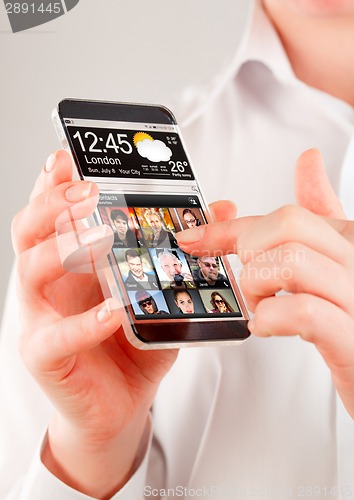 Image of Smartphone with transparent screen in human hands.