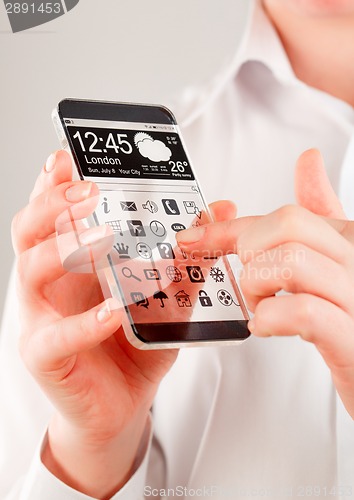 Image of Smartphone with transparent screen in human hands.