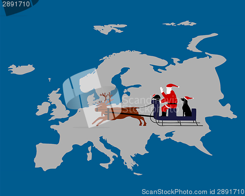 Image of Santa Claus, dog, kiwi on their reindeer sleigh high above the european continent