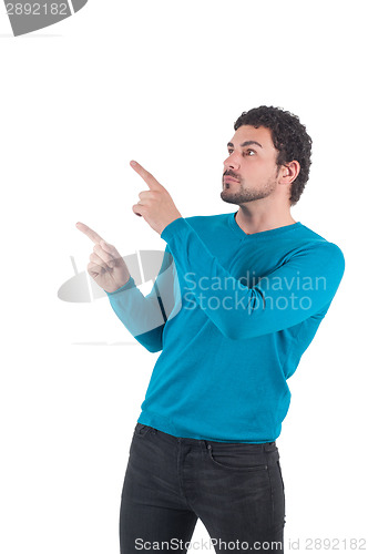 Image of Man in blue pointing to somewhere