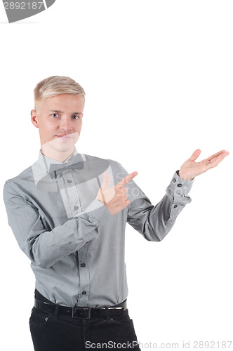Image of Man in shirt and bow-tie pointing with his fingers