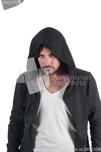 Image of Portrait of a young angry male in the hood