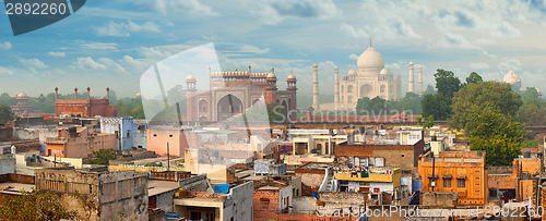 Image of Panorama of Agra city, India. Taj Mahal in the background