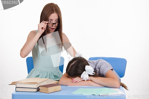 Image of Trainee fell asleep in front of the teacher