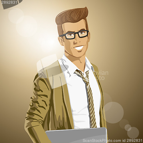 Image of Vector Hipstar Man With Laptop in His Hands