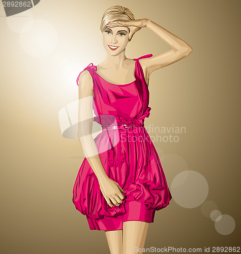 Image of Vector Surprised Blonde in Pink Dress