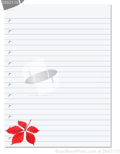 Image of Notebook paper with red autumn virginia creeper leaf in corner