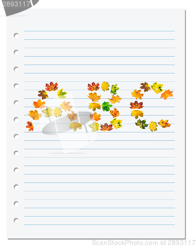 Image of Notebook paper with letters A B C composed of autumn maple leafs