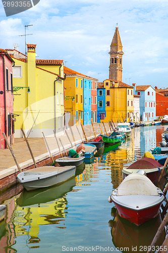 Image of Color houses with boats on Burano island near Venice