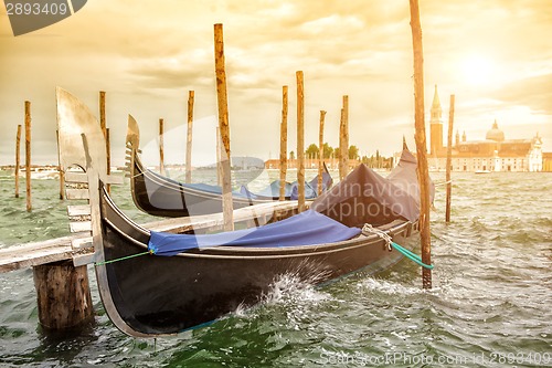 Image of Gondolas on sunset, Grand Canal in Venice