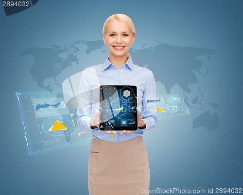 Image of smiling businesswoman with tablet pc computer