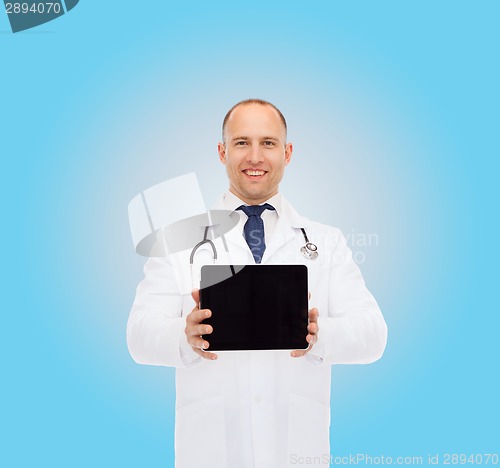 Image of smiling male doctor with stethoscope and tablet pc