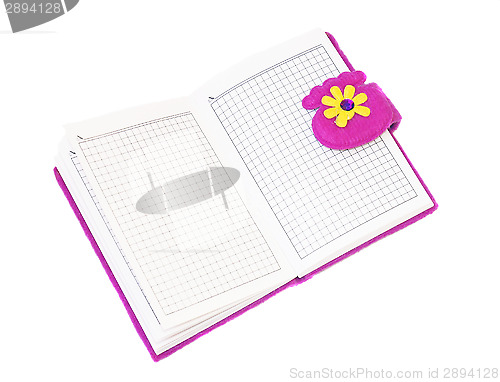 Image of Open notebook in a purple cover on a white background        