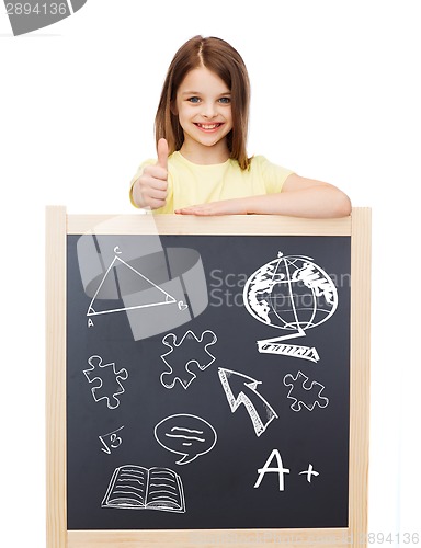 Image of smiling girl with blackboard showing thumbs up