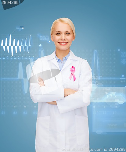 Image of smiling female doctor with cancer awareness ribbon