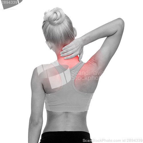 Image of sporty woman touching her neck