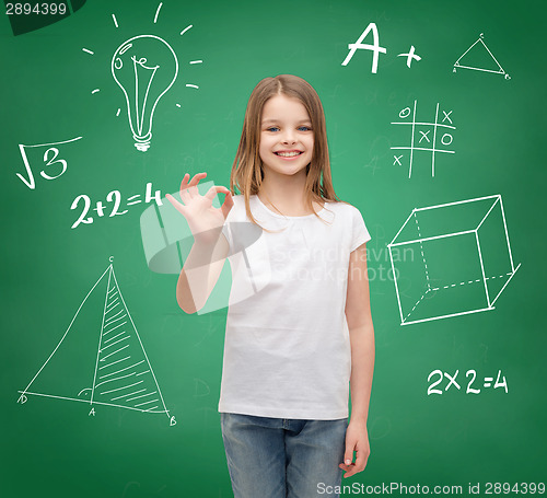 Image of smiling girl in white t-shirt showing ok sign