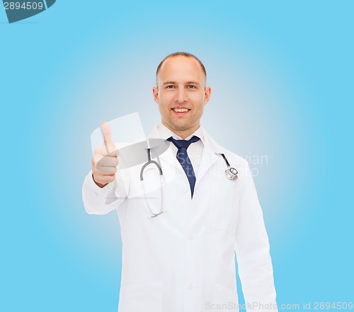 Image of smiling doctor with stethoscope showing thumbs up