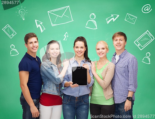 Image of smiling students with tablet pcs and smartphones