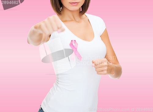 Image of close up young woman with cancer awareness ribbon