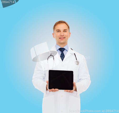 Image of smiling male doctor with stethoscope and tablet pc